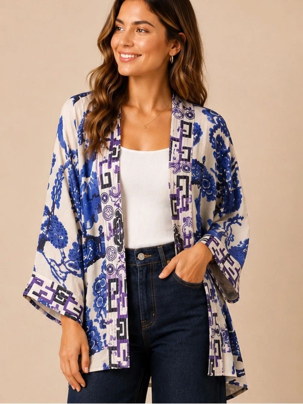 One Hundred Stars Giant Willow Print Kimono | Blue & Ivory Open Front Cardigan